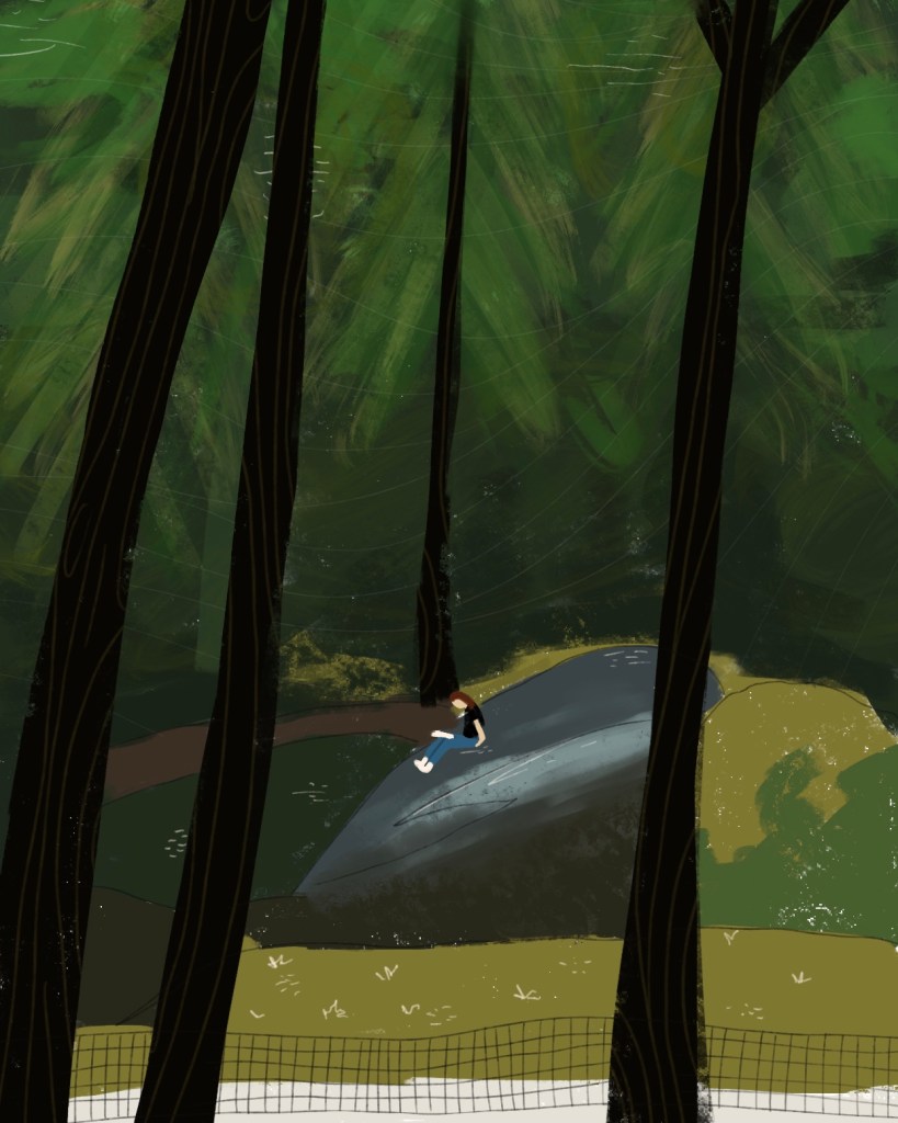 Central Park scene of woman reading on a rock - acrylic