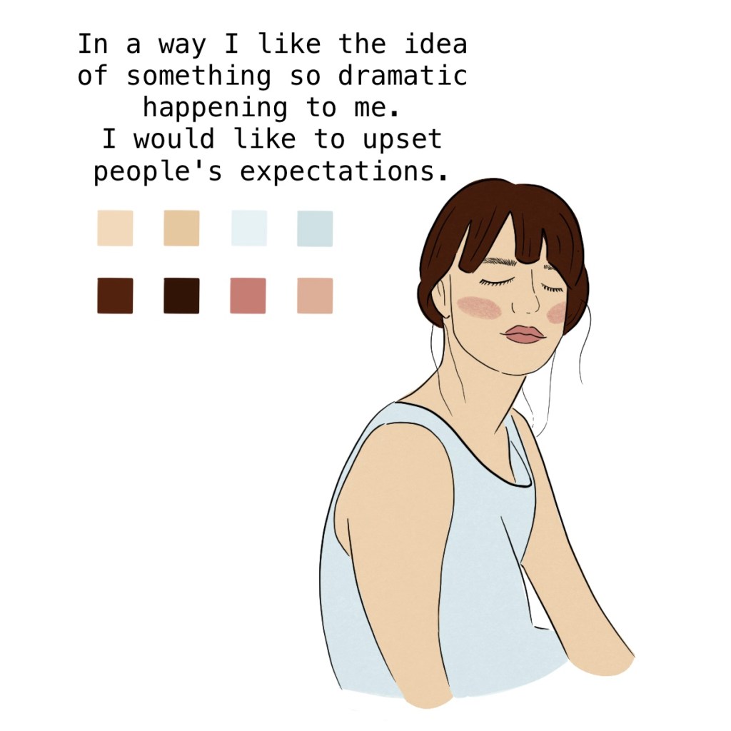 Portrait of Marianne from Normal People with quote "In a way I like the idea of something so dramatic happening to me. I would like to upset people's expectations" - digital sketch