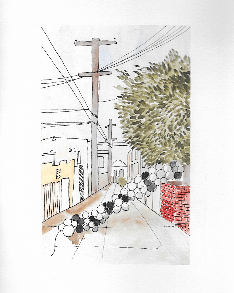 Balloons floating in an alleyway - ink and watercolor