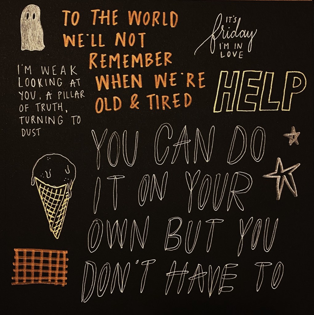 A collection of gold ink gel pen sketches on black paper