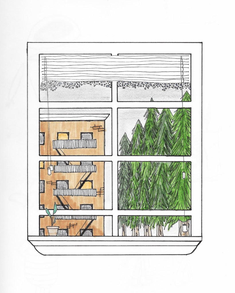 Windowsill overlooking a city apartment building and trees - ink and watercolor