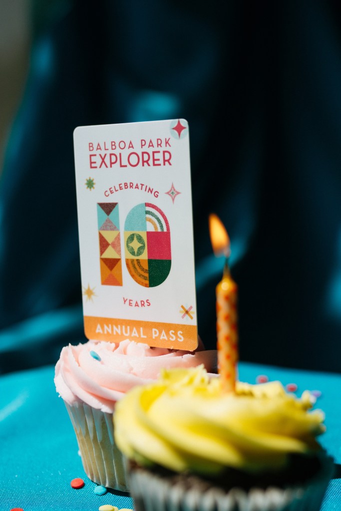 10th Anniversary Balboa Park Explorer Pass in front of a cupcake