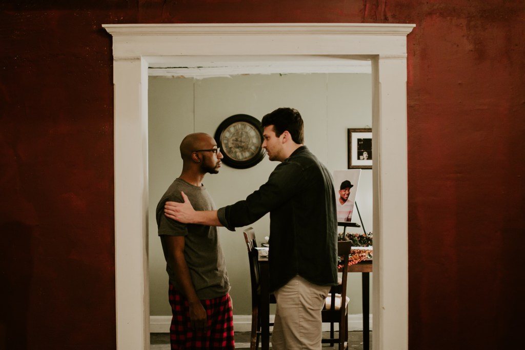 Filming a scene between two people talking